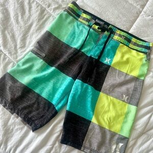 Hurley Men's Green and Black Checkered Board Shorts